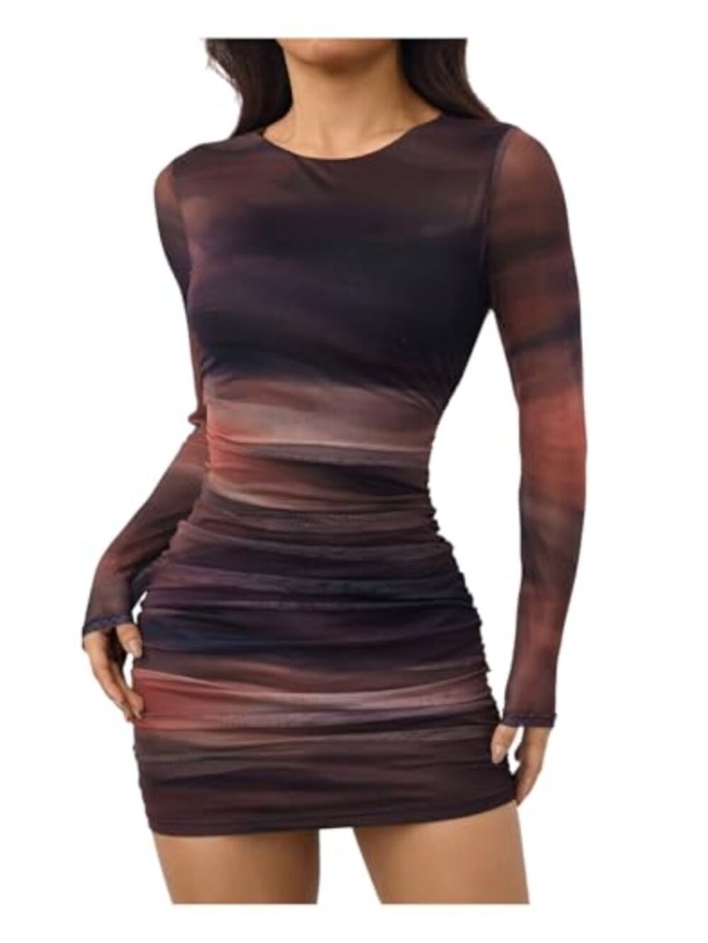 Women's Tie Dye Ruched Bodycon Long Sleeve Mesh Mini Dress